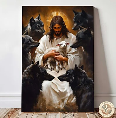 Arte de pared en lienzo enmarcado Jesús protegiendo al cordero, póster de lienzo de arte de pared 103 Foto 1 de 4