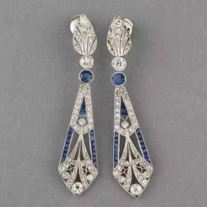 Art Deco Style Lab Created Diamond & Sapphire Dangle 14k White Gold FN Earrings - Picture 1 of 9
