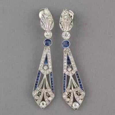 Art Deco Style Lab Created Diamond & Sapphire Dangle 14k White Gold FN Earrings - Image 1 of 4