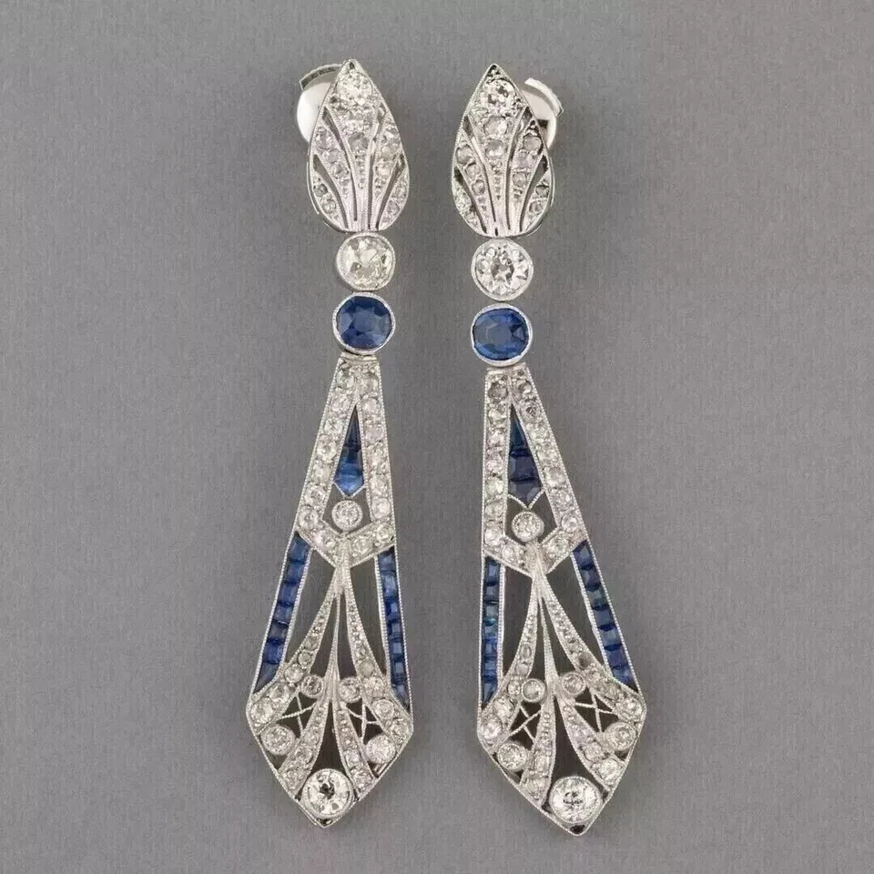 Art Deco Style Lab Created Diamond & Sapphire Dangle 14k White Gold FN Earrings - Image 1 of 4