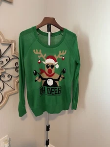 LOL Vintage Oh Deer! Christmas Green Sweater Sz Large - Picture 1 of 6