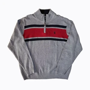 US Polo Assn Mens Quarter Zip Sweater Sz XL Gray Red Chest Stripe Preppy Classic - Picture 1 of 8