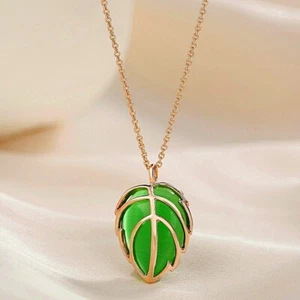 18K Rose Gold Filled Simulated Opal Charming Green Emerald Leaf Necklace - Picture 1 of 4
