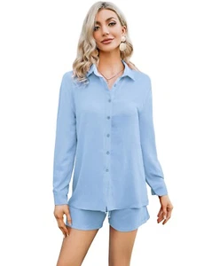 Women's Shirt Sets Casual Button Down 2 Piece Shirt Long Sleeve Short Outfit set - Picture 1 of 15