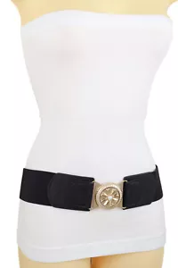 Women Black Elastic Dress Bling Stlish Look Belt Gold Metal Flower Buckle S M - Picture 1 of 12