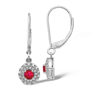 14K Solid White Gold Diamond Halo Ruby Dangle Earrings - Picture 1 of 11