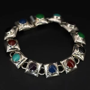 VTG Sterling Silver MEXICO Turquoise Onyx Lapis Carnelian 7" Chain Bracelet 30g - Picture 1 of 5