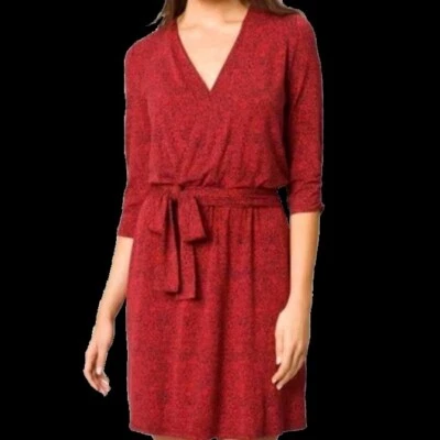 Lucky Brand XS Faux Wrap Dress Red Black Floral Ruched Elbow Sleeve V Neck Sash - Image 1 of 4