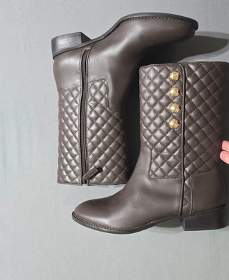 Talbots Quilted Boots Zip gold button Brown 7M mid calf leather block heel - Image 1 of 4