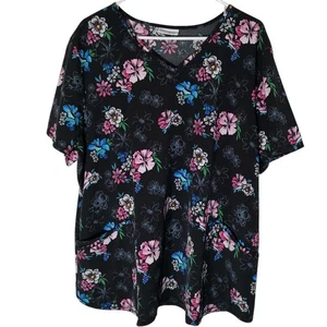 Blusa Médica Médica Scrub Star Bolsillos Negra Multicolor Estampado Floral Para Mujer XXXL - Imagen 1 de 8