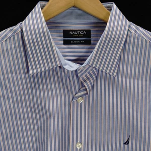 NAUTICA LONG SLEEVE SHIRT RED WHITE BLUE STRIPED MENS SIZE 16-1/2 32/33 MENS L - Picture 1 of 7