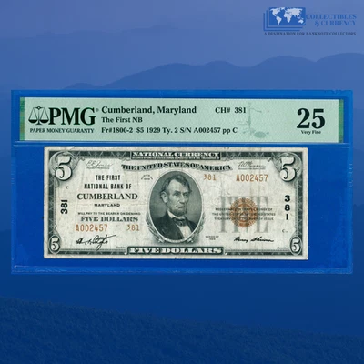 1929 $5 First National Bank CUMBERLAND, MD, Charter #381, PMG VF 25 - Image 1 of 3