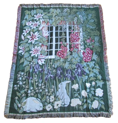 Woven Tapestry Throw By Crown Craft Rabbit Spring Garden Flowers 46"X60" - Image 1 of 4