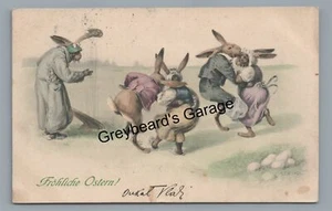 Anthropomorphic Dressed Bunny Rabbits Dancing Frohliche Ostern EASTER Postcard - Picture 1 of 2