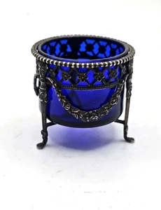 ANTIQUE ORNATE ENGLISH SILVER OPEN SALT DISH CELLAR COBALT BLUE GLASS FOOTED - Picture 1 of 10
