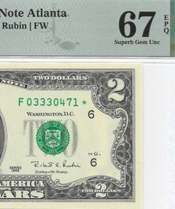 1995 $2 ATLANTA * STAR * ⭐️ FRN. PMG Superb Gem Uncirculated 67 EPQ Banknote. - Picture 1 of 3