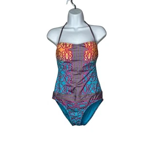 Nannette Lapore Swimsuit Womens Medium Blue One Piece Strapless Halter Boho - Picture 1 of 11