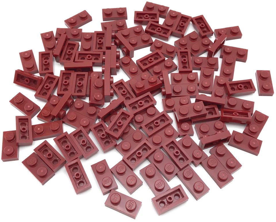 Lego 100 New Dark Red Plates 1 x 2 Stud Pieces  - Image 1 of 1