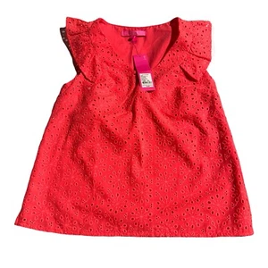 Lilly Pulitzer Spicy Coral Neon Sunburst Lina Eyelet Top Size XXS Ruffle NWT - Picture 1 of 11
