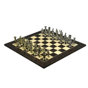 Chess Set Tiger Ebony & Maple Board 20'' Roman Metal Pieces 3.8'' - Picture 1 of 5