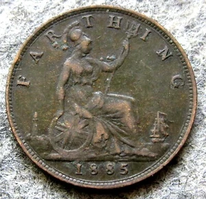GREAT BRITAIN QUEEN VICTORIA 1885 FARTHING SEATED BRITANNIA, BRONZE - Picture 1 of 6
