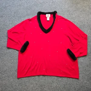 Quacker Factory Sweater Women Size 3X Red Faux Fur Trim Rhinestone Sparkle Knit - Picture 1 of 8
