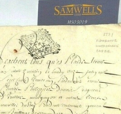 INGRESOS DE FRANCIA *Papel de marca de agua* 1731 DOCUMENTO DEAmiens {cubiertas de samwells}MS3019 Foto 1 de 4