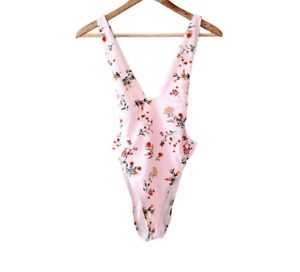 Forever 21 one piece pink striped flower print swimsuit size Juniors medium