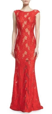 JOVANI ~ Vestido Tren Formal Espalda Abierta Encaje Floral Rojo Sobre Desnudo 10 NUEVO $690 Foto 1 de 4