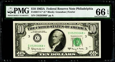 $10 1963A Federal Reserve * Star Note Philadelphia PMG 66 EPQ Gem Uncirculated - Image 1 of 3