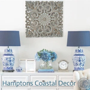 Hamptons Coastal Natural Grey Wash Wood Carved Wall Art Home Decor Mandala 40cm - Picture 1 of 2