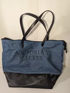 Lightly Used- VICTORIA'S SECRET Zippered Shoulder Bag - Canvas & Leather - Blue - Picture 1 of 10