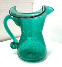 Vintage Rainbow Ruffled Rim Blown Crackle Glass Green Vase Pitcher pontil Mark