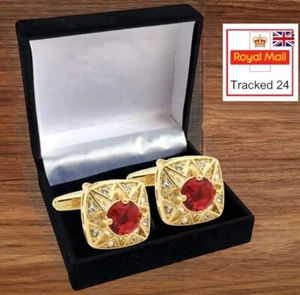 MENS PREMIUM Gemstone GOLD CUFFLINKS Wedding Gift Suit SET IN CUFFLINK BOX UK - Picture 1 of 6