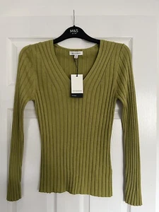 AUTOGRAPH M&S WOMENS WILLOW GREEN SILK BLEND V NECK RIBBED JUMPER Size 10 Bnwt  - Picture 1 of 11