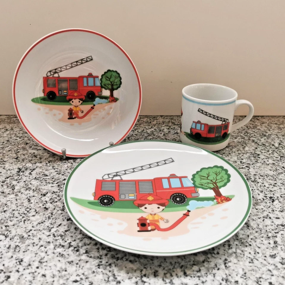 Kindergeschirr Set 3tlg Porzellan Kinderteller Tasse Top Motiv "Feuerwehr" - Bild 1 von 4