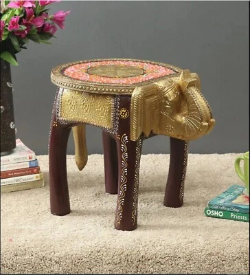Indian Hand Painted Brown Elephant Shape Stool Wooden Stool Room Side Stool - Image 1 of 4