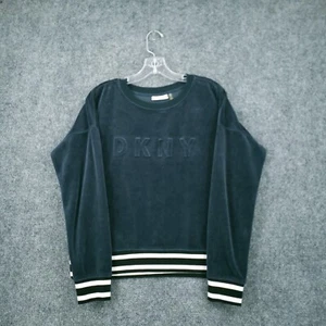 DKNY Sweatshirt Women S Small Green Sports Velour Embossed Logo Striped Pullover - Picture 1 of 15