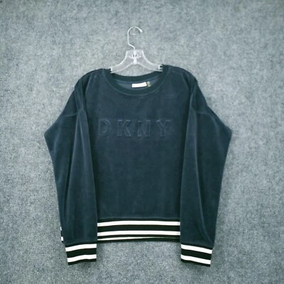 Sudadera DKNY Mujer S Pequeña Verde Deportiva Terciopelo Logotipo Rayas Pullover Foto 1 de 4