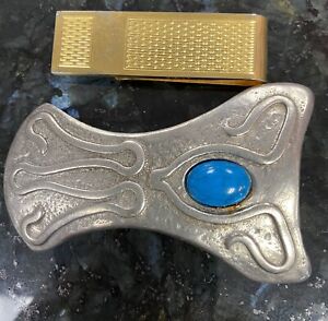Vintage Tie Money Clip Silver ￼Turquoise Gold Plate