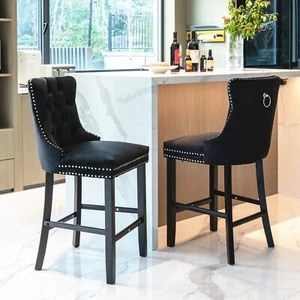 Velvet Upholstered Barstools with Button Tufted Decoration and Wooden Legs - Picture 1 of 12