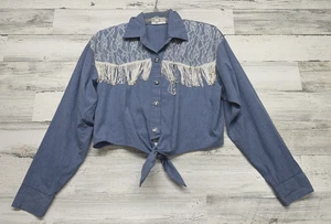 Top corto de mezclilla cambray vintage años 90 para mujer talla L corbata flecos rodeo ecuestre - Imagen 1 de 9