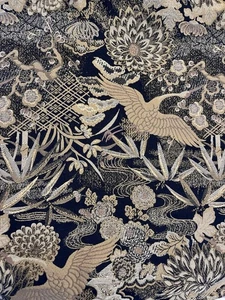 CHINOISERIE BLACK CRANES ASIAN EXPORT UPHOLSTERY FABRIC 4 Yds - Picture 1 of 4