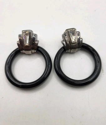 Pendientes de aro perforados vintage Art Deco de piedras preciosas 925 de ónix negro de 2" Foto 1 de 4