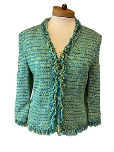 St John Couture Tweed Blazer Jacket Lined Fringe Trim Blue Green Gold Sz 8 - Picture 1 of 8