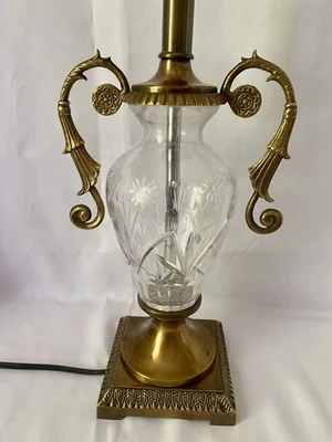 Vintage Cut Crystal & Solid Brass Urn Motif Table Lamp - Etched Floral Design - Image 1 of 4