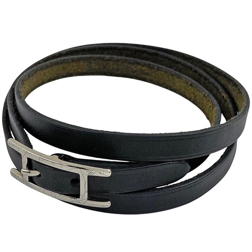 HERMÈS HERMES Api 3 Bracciale Bracciale Braccialetto Pelle Placcatura Argento Nero Donna