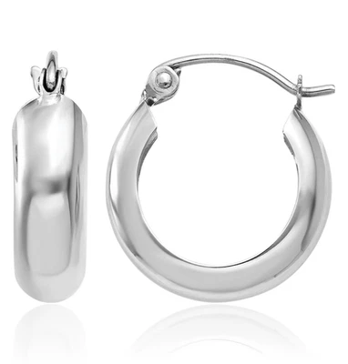 14K Solid White Gold 4mm Round Small Hoop Earrings - Image 1 of 4