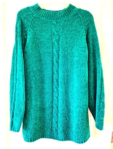 Karen Scott Chenille Shamrock Green Sweater Cable Stitch on Front & Sleeves Sz M - Picture 1 of 4