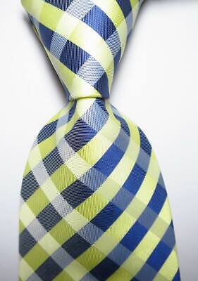 New Classic Checks Dark Blue Yellow JACQUARD WOVEN Silk Men's Tie Necktie • 6.99€